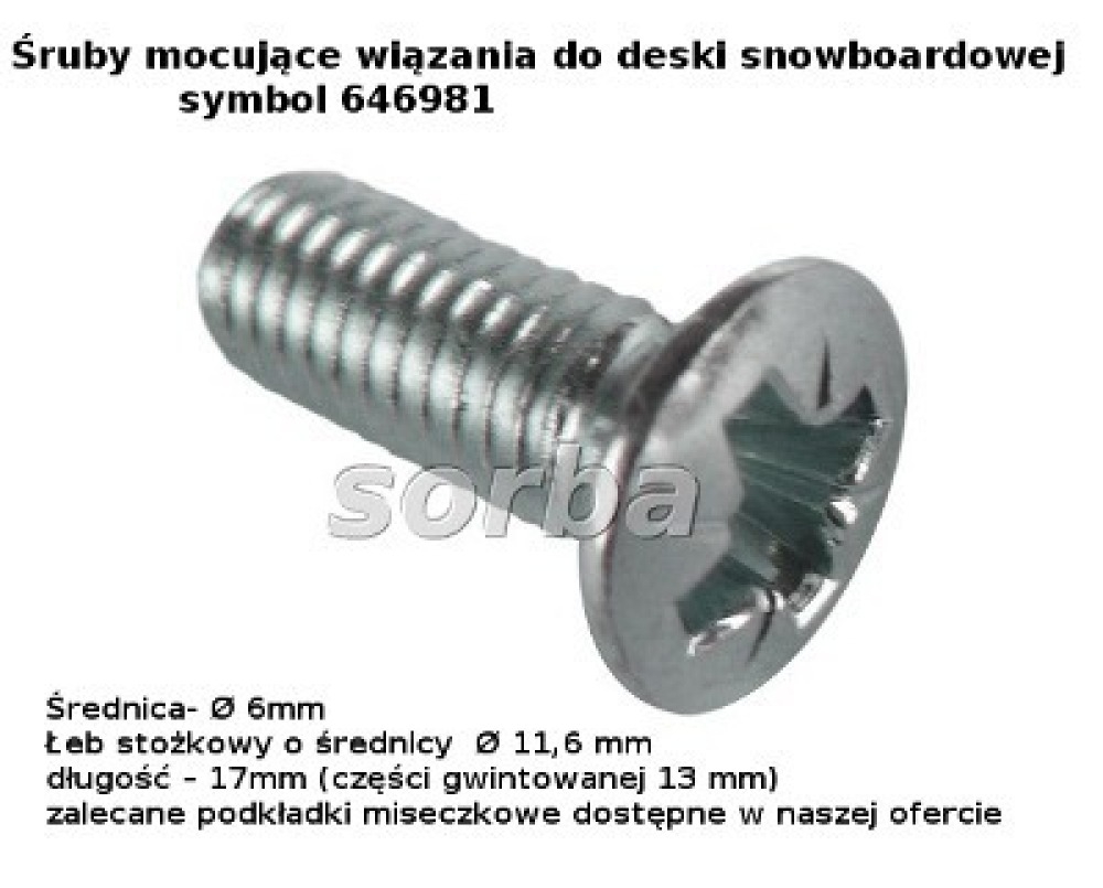 Śruba mocująca wiąz.snow.stożek fi6mm 18mm art.67